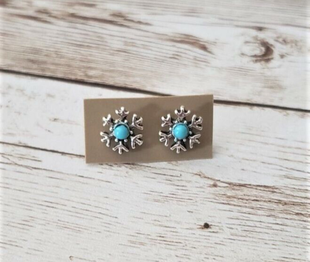 Silver Tone Snowflake with Blue Center Stud Earrings - New